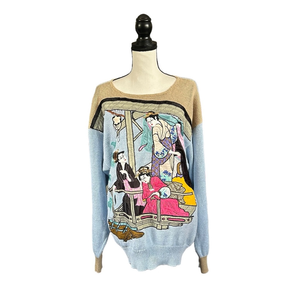 Vintage 1987 Bonnie Boerer & Co Sparkly Blue Geisha Appliqué Sweater Oversized L